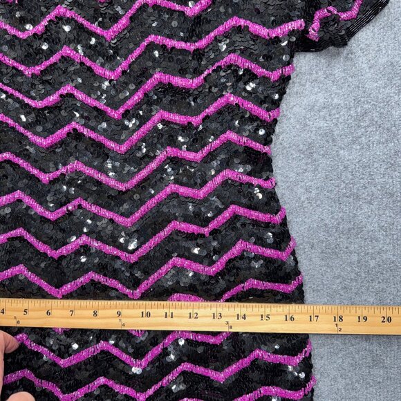 VTG 80s Glam Joan Leslie Black Silk Pink Chevron Sequin Dress Cocktail Size S? - Picture 11 of 15